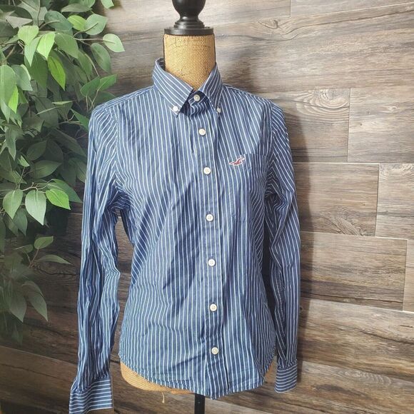Hollister Blue and White Striped Button Down Long Sleeve Women's Shirt Size S - Picture 1 of 10